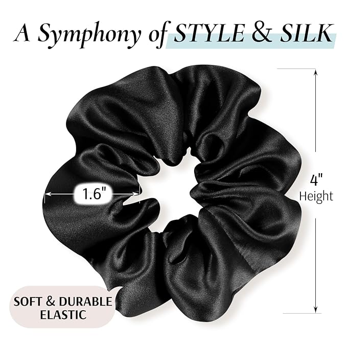 Zenssia Silk Scrunchies for Hair, Mulberry Silk Hair Ties for Women and Girls, No Damage Elastic Ponytail Holders（Black, 3 Pack）