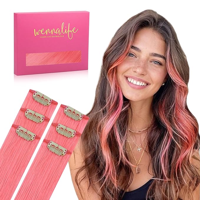 WENNALIFE Light Pink Clip in Hair Extensions Real Human Hair 35g 6pcs 22 Inch Colored Hair Extensions for Kids Women Colorful Hair Pieces Pop-up Style Straight Extensiones De Cabello Humano Con Clip