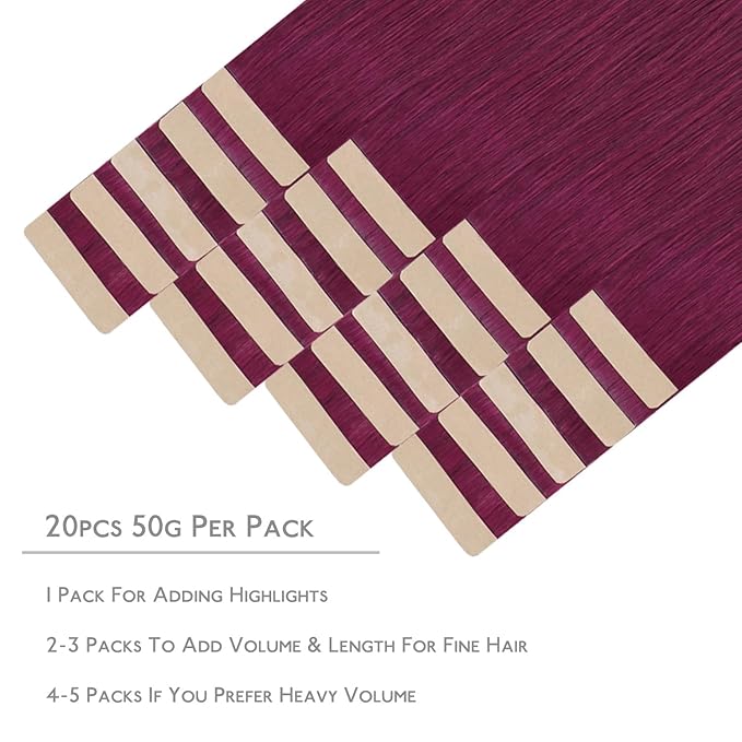 WENNALIFE Tape in Hair Extensions Human Hair, 20pcs 50g 14 inch Light Burgundy Remy Hair Extensions Straight Human Hair Tape in Extensions Skin Weft Tape Extensions Human Hair