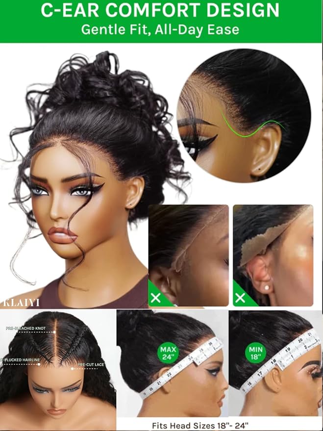 KLAIYI Water Wave Pre Cut 360 Full Lace Frontal Glueless Wig Human Hair Drawstring Pre Plucked Bleached Bye Bye Knots Pre Everything Ready to Wear And Go Curly Beginner Wig with Baby Hair 180% 22Inch