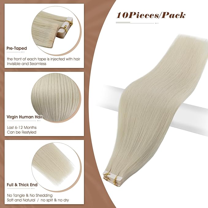 Full Shine Intact Machine Remy Tape in Virgin Hair Extensions Color Blonde Invisible Seamless Injection Tape in Hair Extensions 16 Inch for Women 10Pcs 20G