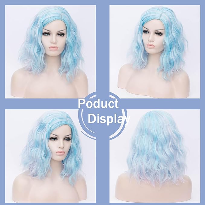 BUFASHION 14" Women Short Blue Kinky Straight Cosplay Synthetic Wigs With Air Bangs 46 Colors Available (blue 2)