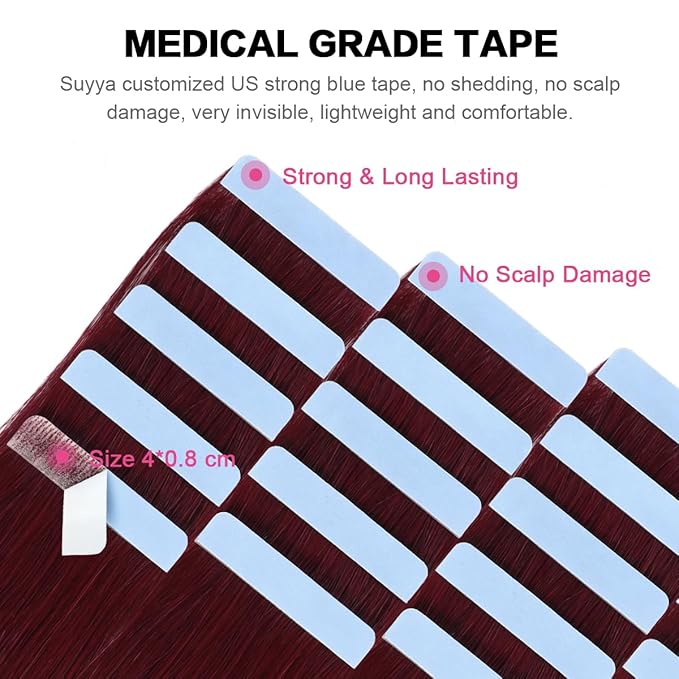 SUYYA Tape in Hair Extensions Human Hair Wine Red 14 inch 100% Remy Human Hair 40g/pack 20pcs Straight Seamless Skin Weft Tape Hair Extensions 99j (14 inches #Burgundy)