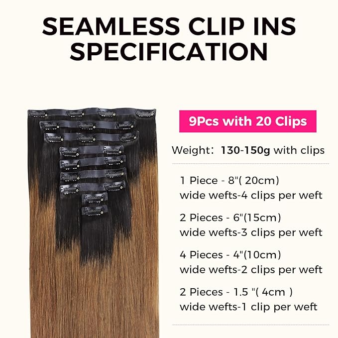 Lashey Seamless Clip in Hair Extensions Human Hair 150g 9pcs 22 Inch Ombre Natural Black to Medium Auburn Straight Clip in Hair Extensions for Women
