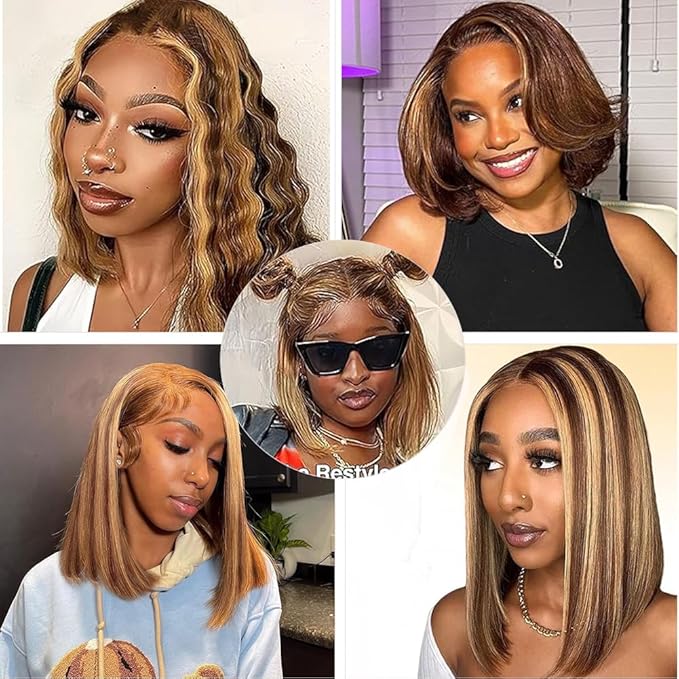 4/27 Ombre Highlight Bob Wig Human Hair 16 inch straight 427 bob wig 13x4 Highlight HD Lace Frontal Bob Wig Human Hair 180% Density Pre Plucked Ombre Short Bob Wigs for Black Women