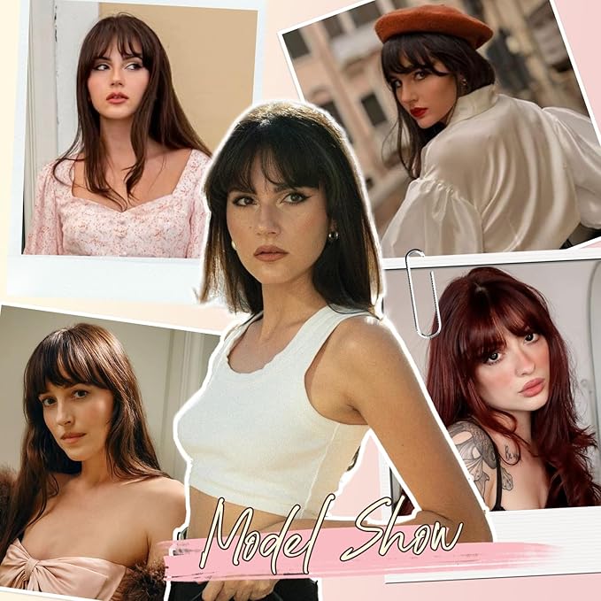 Clip in Bangs, Synthetic French Bangs Hair Clip, Medium Brown Fake Bangs Fringe with Temples Hairpieces for Women Natural Curved Hair Extensions for Daily Wear