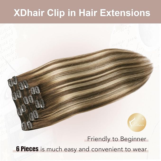 XDhair Clip-in Hair Extensions 120g18 Inch Balayage Chocolate Brown to Caramel Blonde Real Human Hair Extensions Clip in Human Hair Double Weft 6pcs (18inch, #4/27/4)