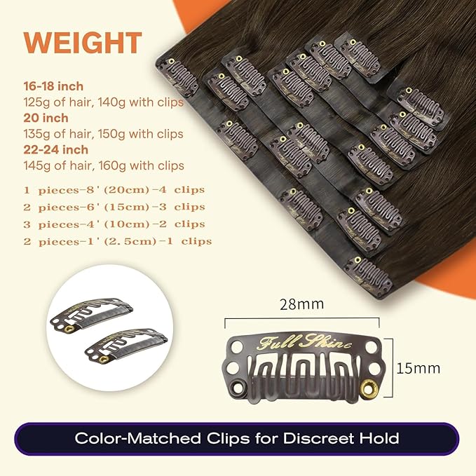 Full Shine Clip in Hair Extensions 18 inch 140g 8Pcs Seamless Hair Extensions Clip in Dark Brown Remy Hair Clip ins for Women PU Skin Weft