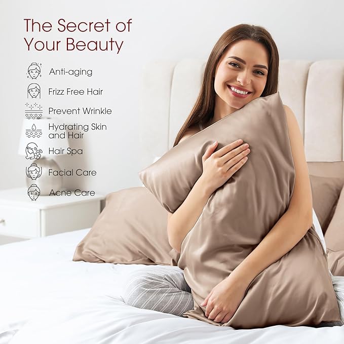 100% Silk Pillow Cases 2 Pack Queen Size Mulberry Silk Pillowcase for Hair and Skin Set of 2 Highest Grade 6A Silk Soft Breathable Cooling with Hidden Zipper, Taupe