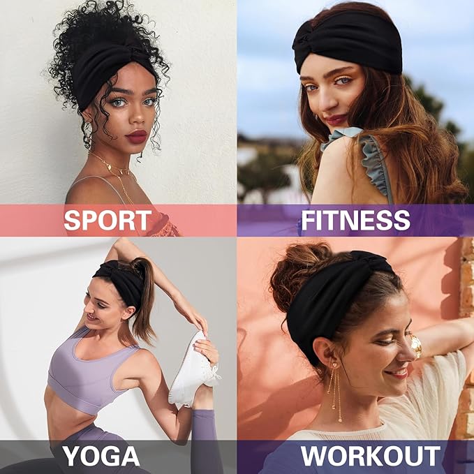 Yeshan Black Headbands for Women No slip Wide Stretchy Headband Twist Knotted Head bands Yoga Workout Sport Hair bands,Pack of 12