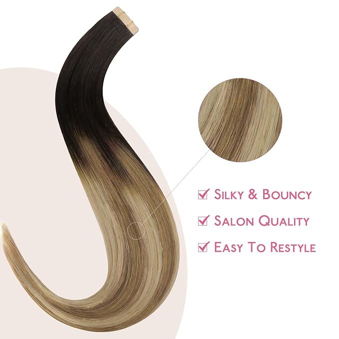 WENNALIFE Tape in Hair Extensions Human Hair Dark Brown to Chestnut Brown and Dirty Blonde Highlighted, 10pcs 30g 26 inch Remy Invisible Tape Ins Straight Colored Soft Refill Set