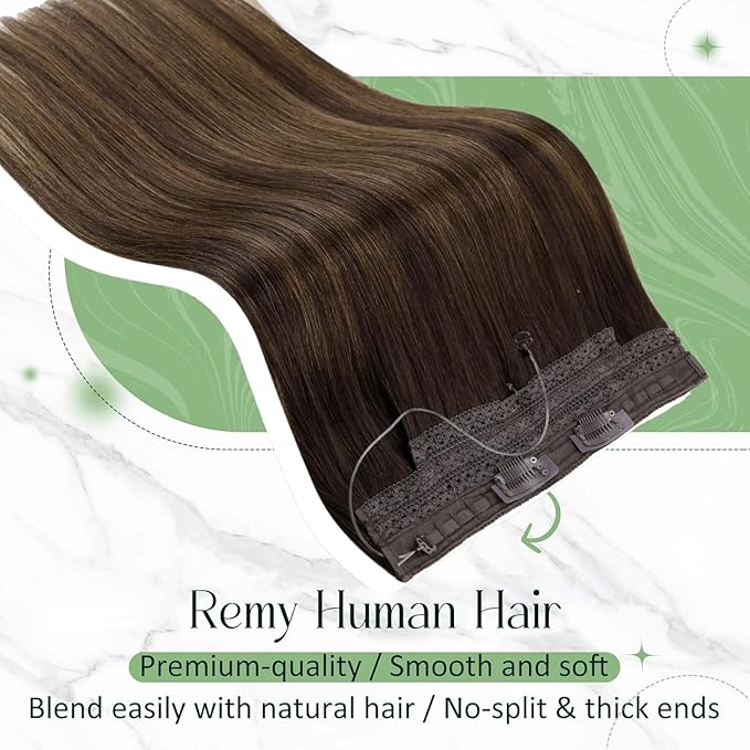 RUNATURE Wire Hair Extensions Human Hair, Invisible Fish Line Human Hair Extensions, Balayage Brown Roots Remy Hair, Real Human Hairpiece with Transparent Wire, 12 Inch 70g #2/2/6 Brown Ombre
