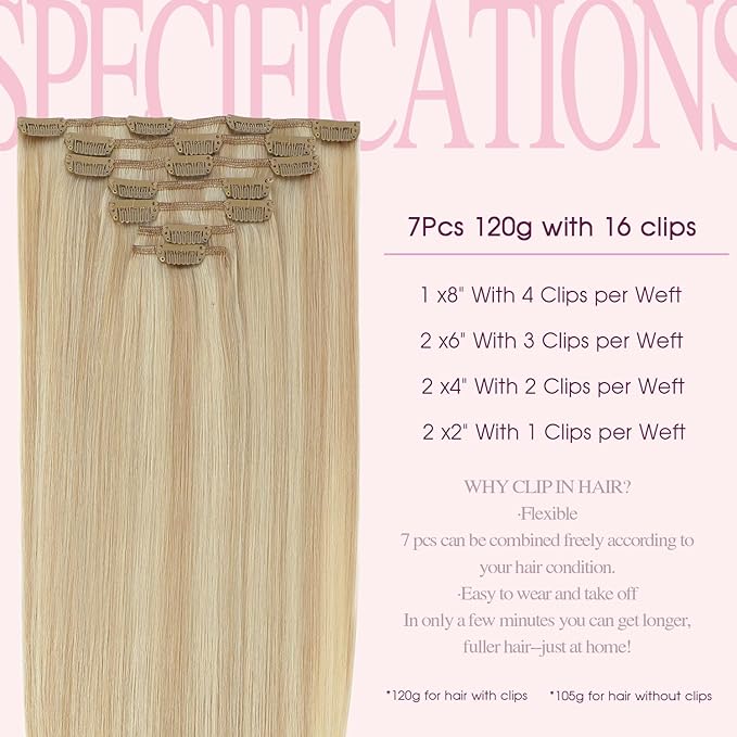 PINKPEARL Clip in Hair Extensions #27P60 Caramel Blonde Highlighted Platinum Blonde 120g 7pcs 18 Inch Clip in Hair Extensions Real Human Hair Hair Extension Clip Ins(#27P60-18)