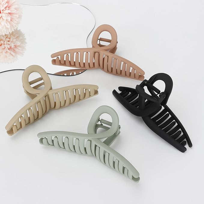 Big Hair Claw Clips Large Butterfly Hair Claws for Women 5.1" Oversize Matte Hair Clips for Long Thick/Thin Hair Accessories for Girl's 4 PCS (Black, khaki, Pink,Green)