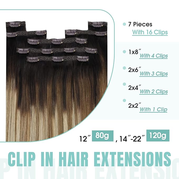YoungSee Balayage Clip in Hair Extensions Real Human Hair Ombre Clip in Extensions Remy Hair Clip on Hair Extension Dark Brown Roots to Light Brown with Blonde 12inch 85g