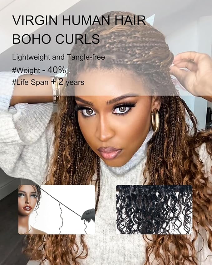 Human Hair Boho Curls Hand-Tied HD Full Lace Wig - 24" Salon-Level Small Box Synthetic Braids (121 Braids, High Density) Pre-Cut Swiss HD Lace, Pre-Plucked, Knotless, Tangle-Free - Black 1B