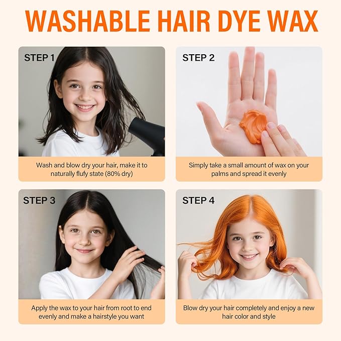 Orange Hair Wax, Temporary Hair Color Wax, Nourishing & Washable Hair Color for Kids, Women and Men 2.12 Oz.