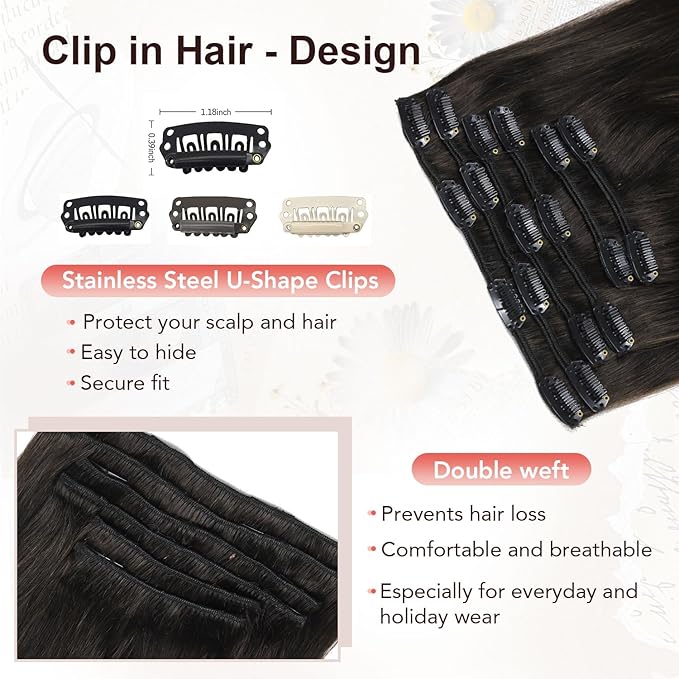 XDhair Clip in Hair Extensions Real Human Hair 20 Inch 120g Natural Straight Human Hair Clip in Extensions for Woman, Soft Straight 6pcs Per Set with 18 Clips Double Weft #1B
