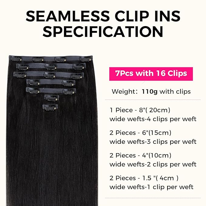 Lashey Yaki Straight Clip in Hair Extensions Real Human Hair #1 Jet Black Seamless Clip in Hair Extension Human Hair 7Pcs 110g 20 Inch PU Weft Natural Hair for Women