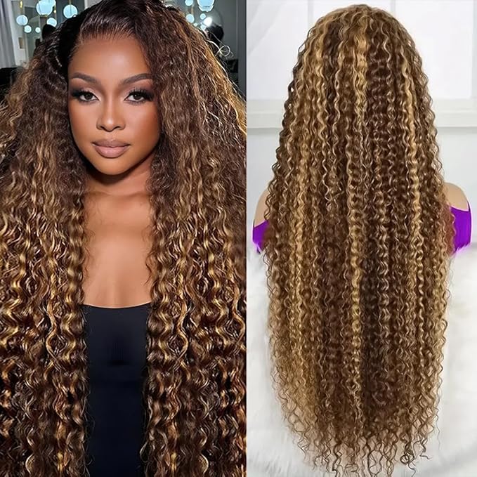 36 Inch Highlight Ombre Human Hair Wigs 13x6 HD Honey Blonde Deep Wave Lace Front Wigs Human Hair 180 Density Glueless Deep Wave 4/27 Colored Wet and Wavy Curly Wig Pre Plucked for Women