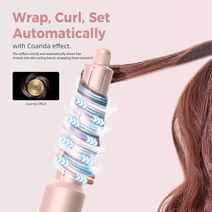 8-in-1 Hair Dryer Brush & Hot Air Styler, 110,000 RPM Blow Dryer Brush Foldable LCD Display, 4 Heat Settings Auto Curler Fast Drying Curling Straightening for Salon & Travel (Pink)