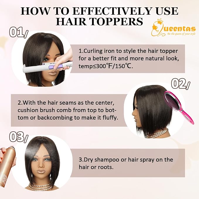 QUEENTAS Brown Hair Topper for Women with Thinning Hair Pieces 6"*6"Large Coverage 360°3D Cover Silver Synthetic Short Bob with 5 Clips in Wiglets(Brown)
