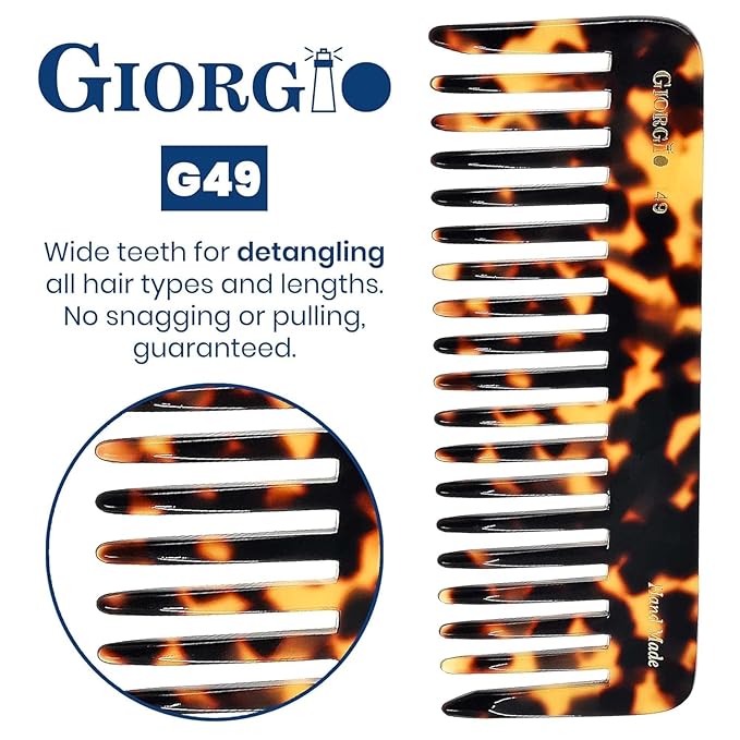 Giorgio G49 Yellow Tokio, Large 5.75 Inch Detangling Comb, Wide Teeth for Thick Curly Wavy Hair. Long Hair Detangler, Handmade of Quality Cellulose, Saw-Cut, Hand Polished.