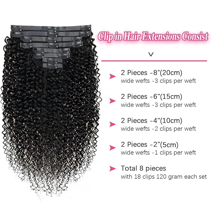 24 Inch Seamless Kinky Curly Clip Ins for Women Kinky Curly Clip on Extension Human Hair Brazilian Remy Human Hair Extensions Natural Black Clip ins 8 Pcs with 18 Clips 120g/Set