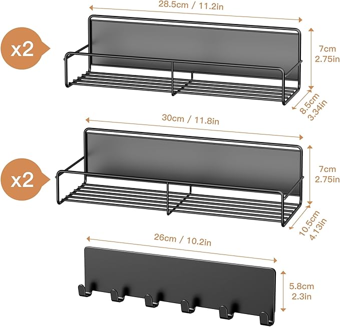 5-Pack Moveable Magnetic Spice Rack Organizer With 6 Hooks for Refrigerator, Metal Fridge Shelf, Black