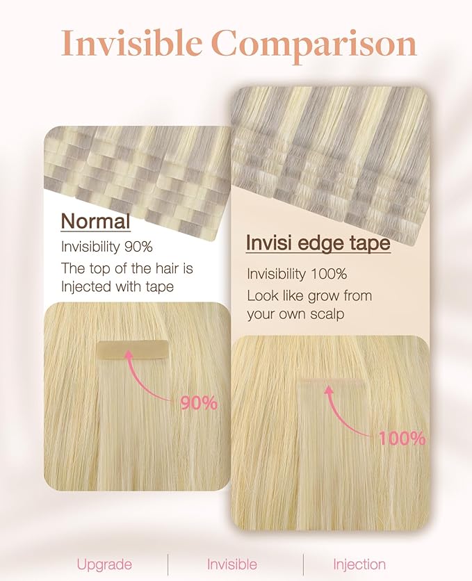 GOO GOO Invisi Edge Tape in Hair Extensions Human Hair, 17/22/60 Balayage Ash Blonde to Golden Blonde and Platinum Blonde, 20pcs 24inch 50g, Virgin Remy Hair, Seamless Injected Tape, Natural Look