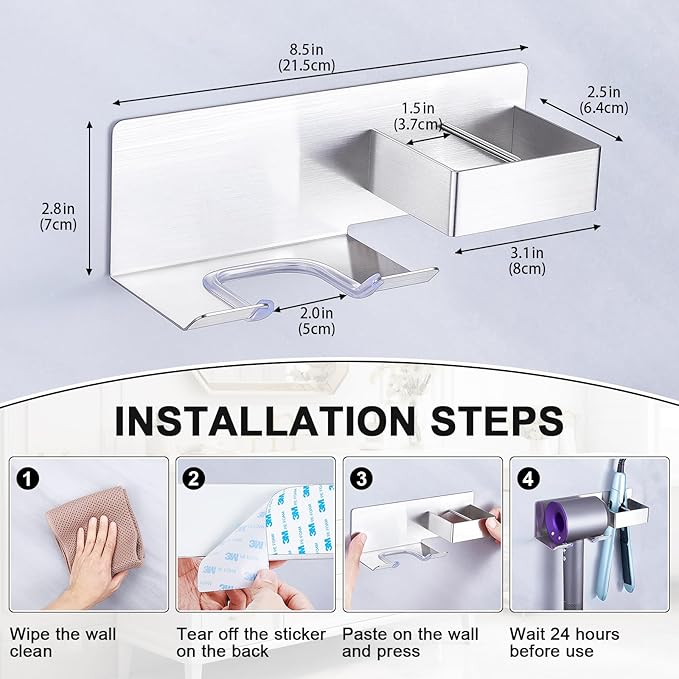 Hair Straightener Holder for Wall, Adhesive Straightener Holder, Blow Dryer Holder Wall Mounted, Stainless Steel Hair Dryer Holder Curling Iron Organizers Storage, Bathroom Hair Tools Holder