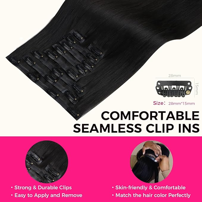 Lashey Seamless Clip in Hair Extensions Human Hair 130g 9pcs #1 Jet Black 16 Inch Light Yaki Straight Clip in Hair Extensions Real Human Hair with Flat PU Invisi Edge Full Pack