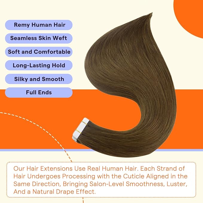 Full Shine Tape in Hair Extensions 16 Inch Color 4 Medium Brown Natural Invisible Double Sided Tape in Extensions Human Hair 20PCS Straight Seamless Soft and Silky Remy Hair 50G for Wedding