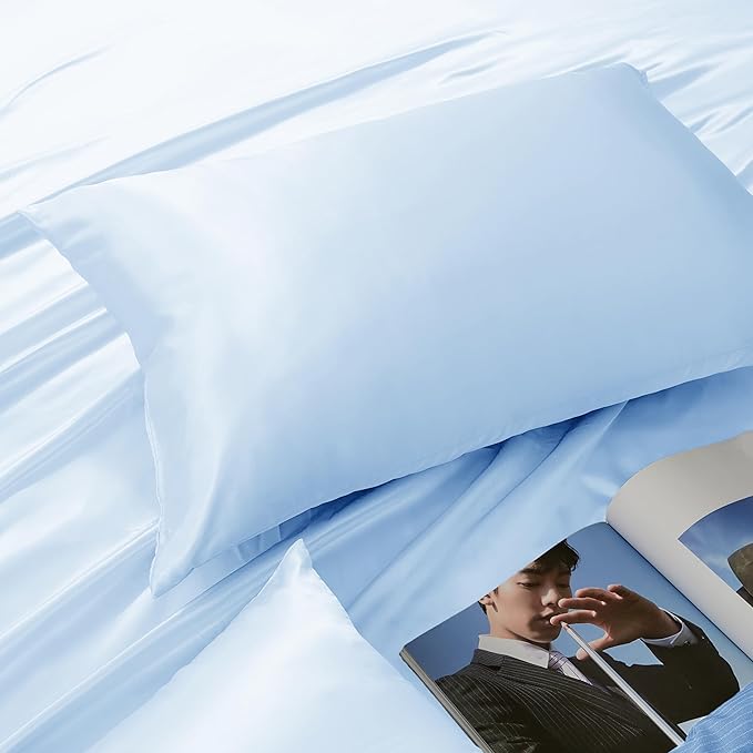 Light Blue Satin Pillowcase Standard Set of 2 with Envelope Closure，Light Blue Silk Pillowcase for Hair and Skin (20x26)