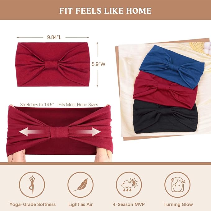 Wide Headbands for Women Knotted No Slip Head Bands Soft Turban Headband Hair Accessories Boho African Solid Color Head Wraps for Women Yoga Workout Pack of 6 (Fashion)