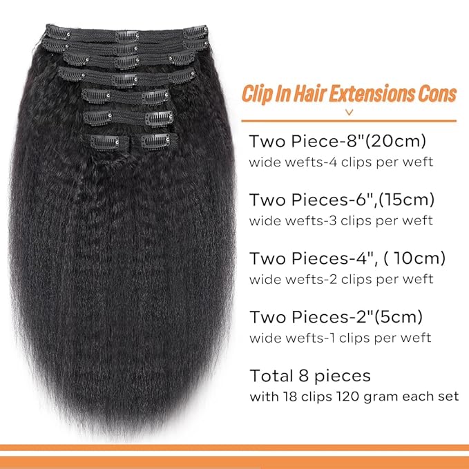 Kinky Straight Clip in Hair Extensions Real Human Hair 8Pcs Remy Human Hair Clip in Extensions for Women, Natural Human Hair 120g 16inch #1B Natural Black