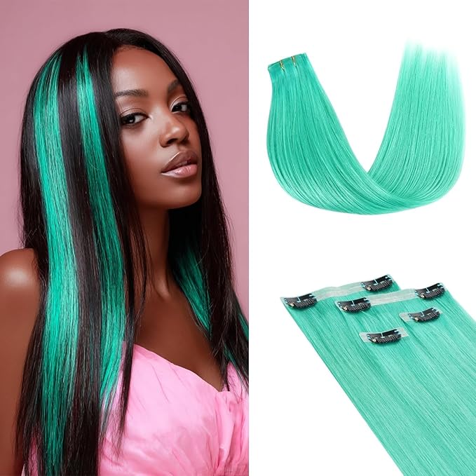 Lashey Seamless Clip in Hair Extensions Human Hair 4pcs 37g Green 16 Inch Straight Hair Extensions Clip ins with PU Soft Invisi Edge