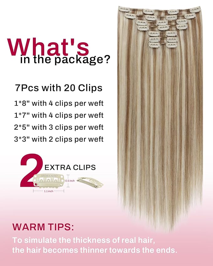 Moresoo Clip in Hair Extensions Light Brown with Platinum Blonde Hair Extensions Clip ins Long And Straight Brown Brown with Blonde to Add Highlights 135g/7pcs 18inch