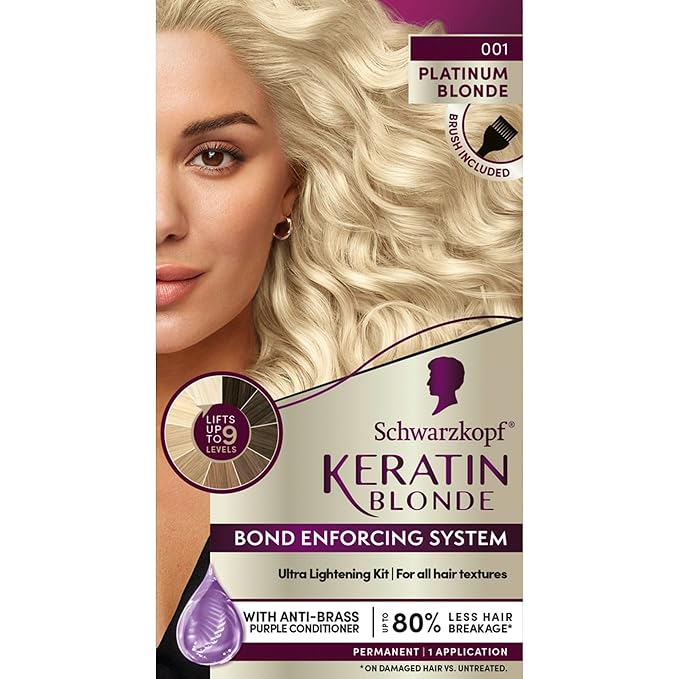 Schwarzkopf Keratin Blonde Hair Dye, 001 High Lift Platinum Blonde, Professional Quality Permanent Hair Color, Bond Enforcing System, Pre-Color Serum & Purple Conditioner Included