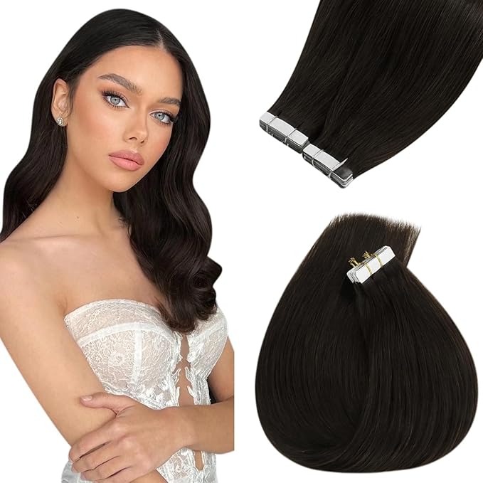Sunny Hair Tape in Hair Extensions Human Hair 14 Inch Hair Extensions Real Human Hair Tape in Extensions for Women Dark Brown Virgin Hair Natural Straight Skin Weft Double Sided Tapes 20Pcs 50g
