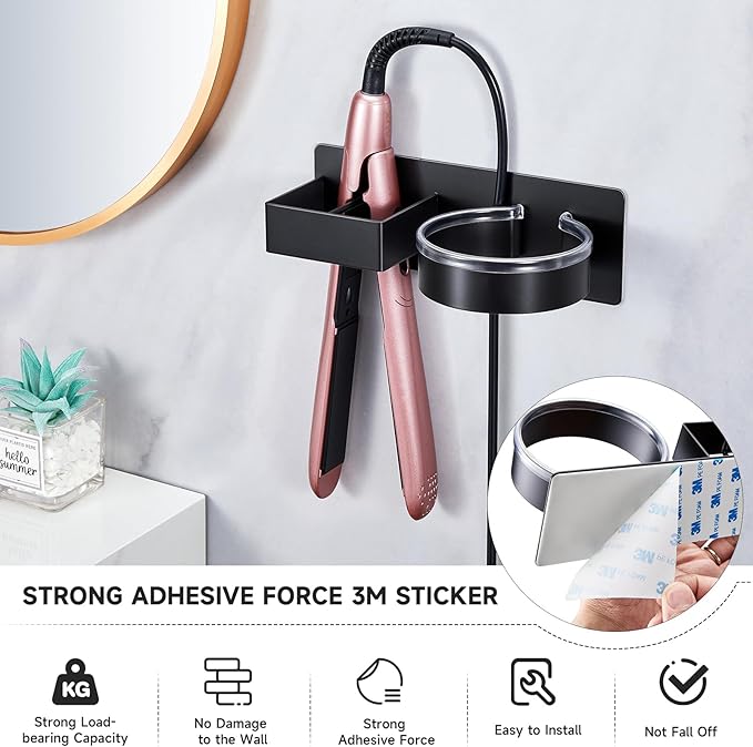 Hair Dryer Holder Blow Dryer Holder Wall Mounted, Adhesive Hair Straightener Holder, Hair Tool Organizer for Curling Iron Holder, Metal Hairdryer Holder Storage Organizer for Bathroom Vanity,Black