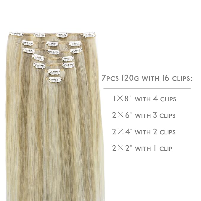 WENNALIFE Clip in Hair Extensions Real Human Hair, 22 Inch 130g 7pcs Remy Hair, Ash Blonde Highlighted Platinum Blonde Straight Natural Extensiones De Cabello Humano Con Clip Ins