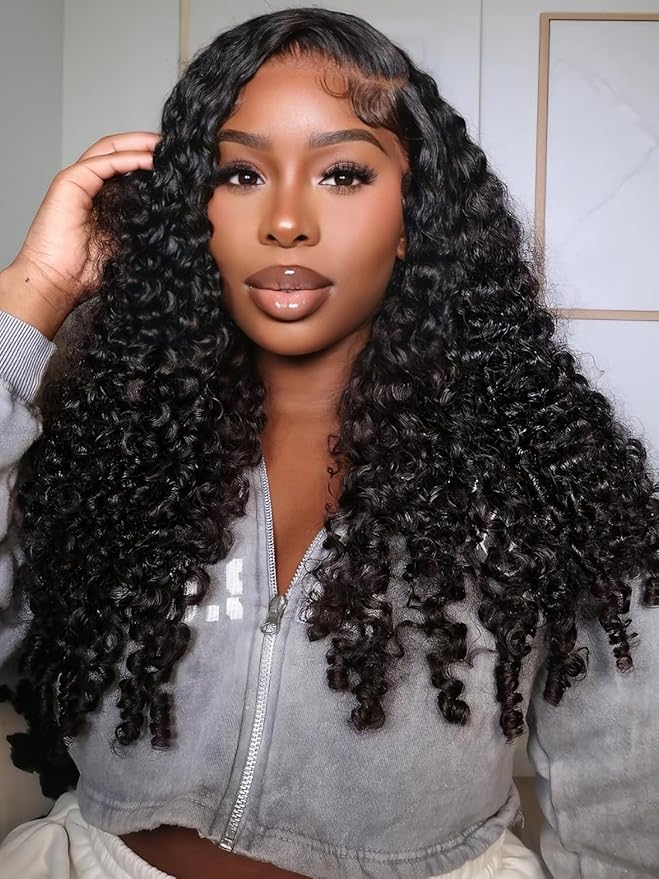 Julia Hair Loose Curly Wave Glueless Wigs Human Hair 7x5 HD Lace Closure Bye Bye Knots Mixed Curls Wig with Invisi Drawstring Pre Plucked Pre Bleached Put on and Go Beginner Friendly 18 Inch