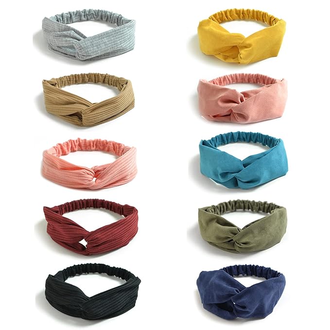 DRESHOW 10 Pack Boho Headbands for Women Girls Elastic Back Criss Cross Hair Band Twisted Head Wrap Solid Hair Accessories