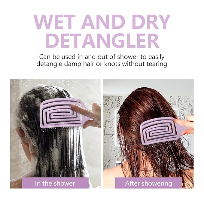Detangling Brush, Dry and Wet Vented Detangler Hair Brush for Women and Men, Professional Paddle Curved Styling Hairbrush for Wet/Dry/Curly/Thick/Long/Damaged Hair, Purple