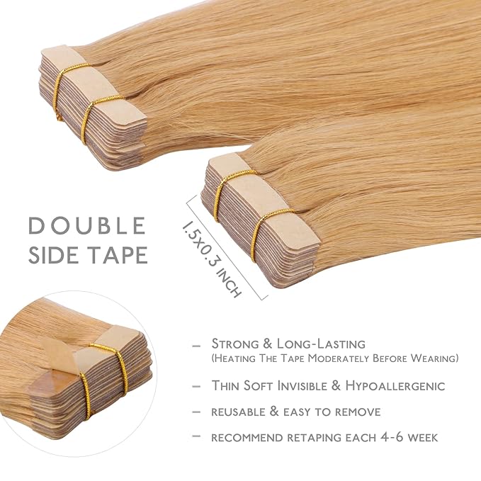 WENNALIFE Tape in Hair Extensions Human Hair, 20pcs 50g 24 inch Strawberry Blonde Remy Hair Extensions Straight Human Hair Tape in Extensions Skin Weft Tape Extensions Human Hair