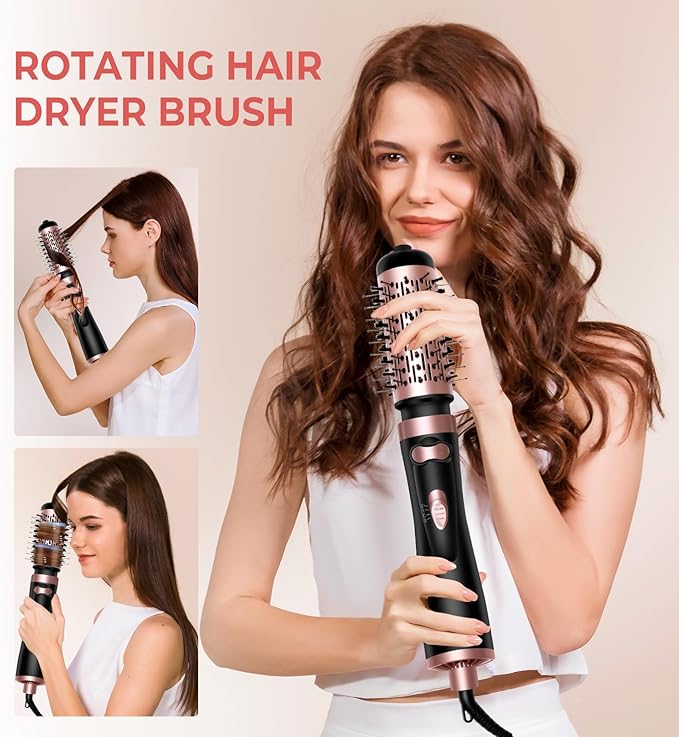 Hair Dryer Brush, 3-in-1 Rotating Round Hot Air Spin Brush Set with 2 Brushes (2" & 1.5"), Negative Ionic Blow Volumizer, 2 Detachable Auto-Rotating Curling Brush, Blow Dryer Brush,Dry as You Style