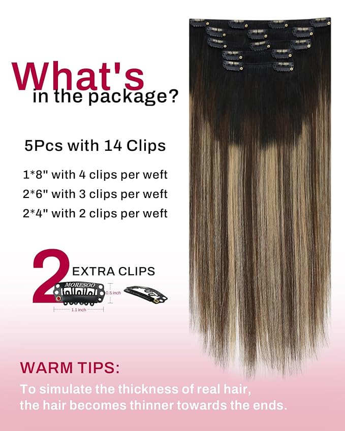 Moresoo Clip in Hair Extensions Real Human Hair Balayage Black to Dark Brown with Caramel Blonde 5pcs 80g Remy Straight Invisible Lace Double Weft Human Hair Clip in Extensions 22inch