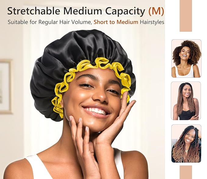 mikimini Black Shower Cap for Women, Men & Girls 1 Pack Reusable Double Layers Waterproof Bathing Shower Hat with Soft Comfortable PEVA Lining, non-fading, Stretchy Shower Cap