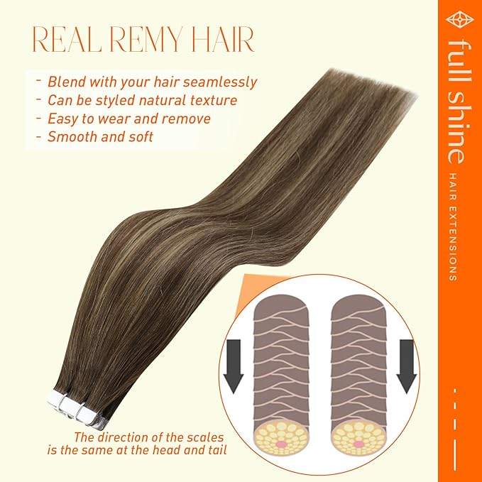 Full Shine 22Inch Tape in Hair Extensions Color 4 Brown Ombre 24 Blonde and 4 Seamless Hair Extensions Tape in Glue in Hair Extensions Skin Weft Tape in Hair Extensions Human Hair 50G 20Pcs for Women